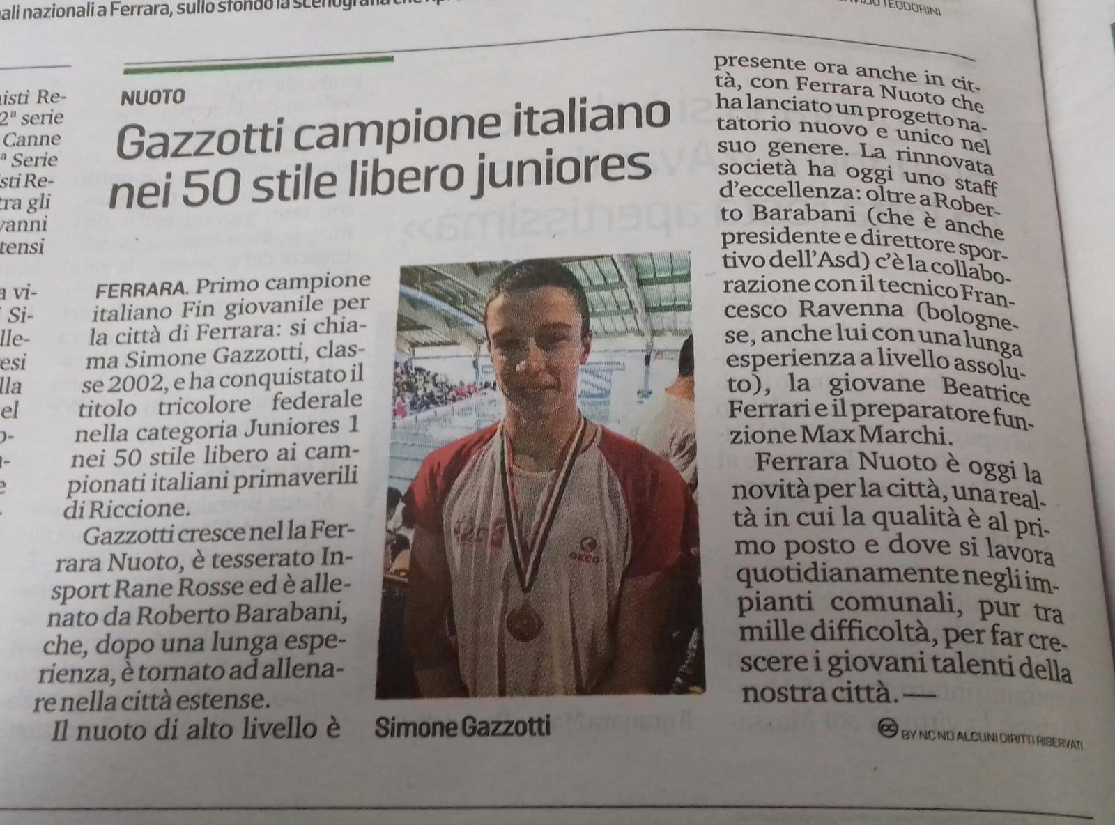 La Nuova Ferrara e Il Resto del Carlino celebrano il successo di Simone Gazzotti ai Campionati Italiani